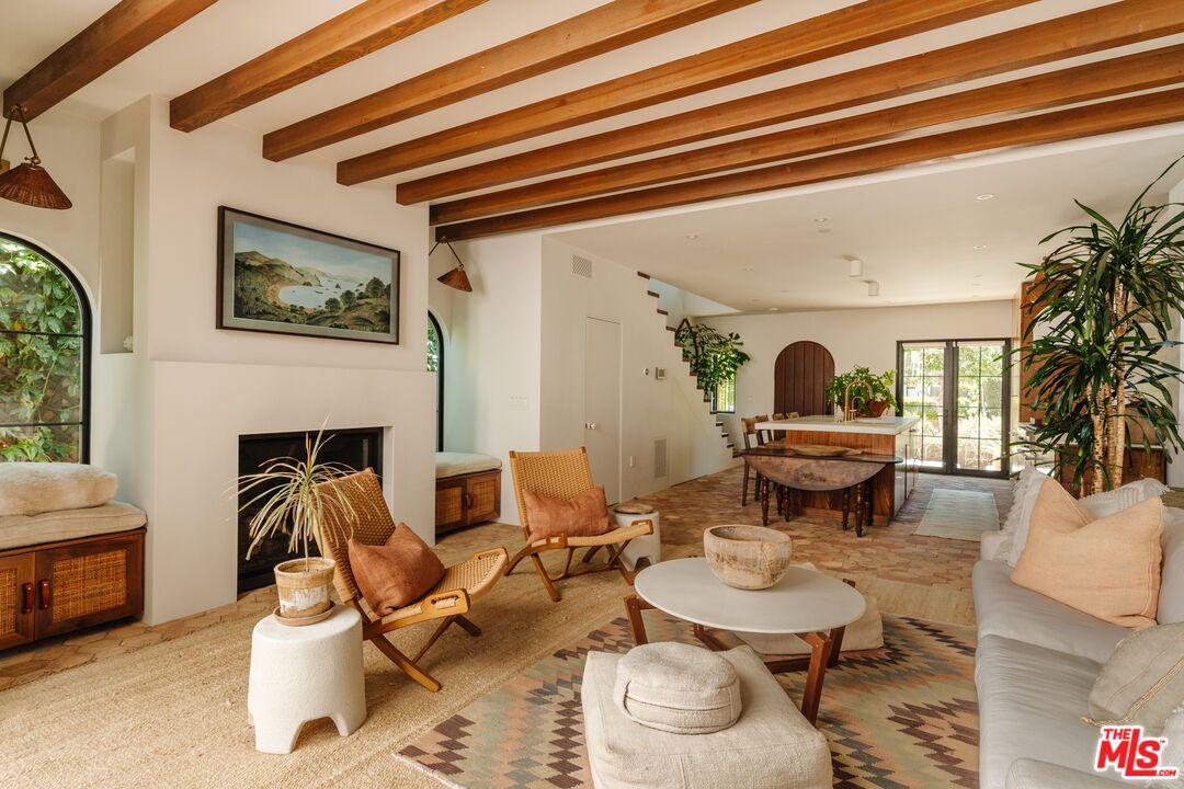 Dining room, Fireplace, Interior, Living room, Recessed Lighting, Wooden Beams