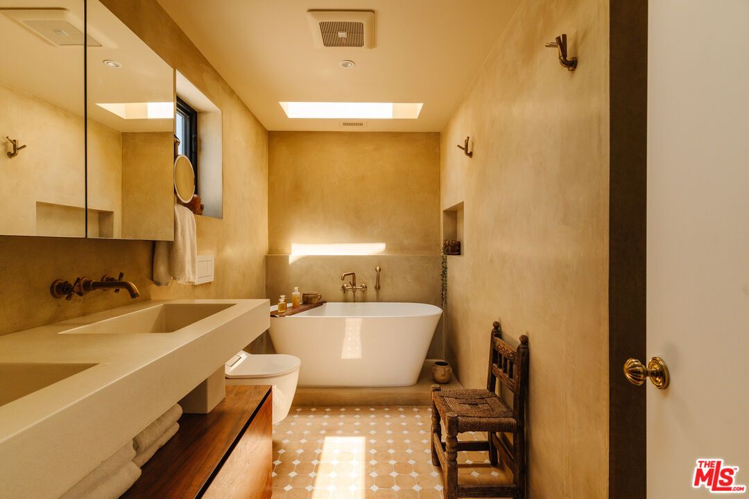Bathroom, Dual Sink Vanities, Free Standing Baths, Interior, Recessed Lighting, Wood Texture Flooring