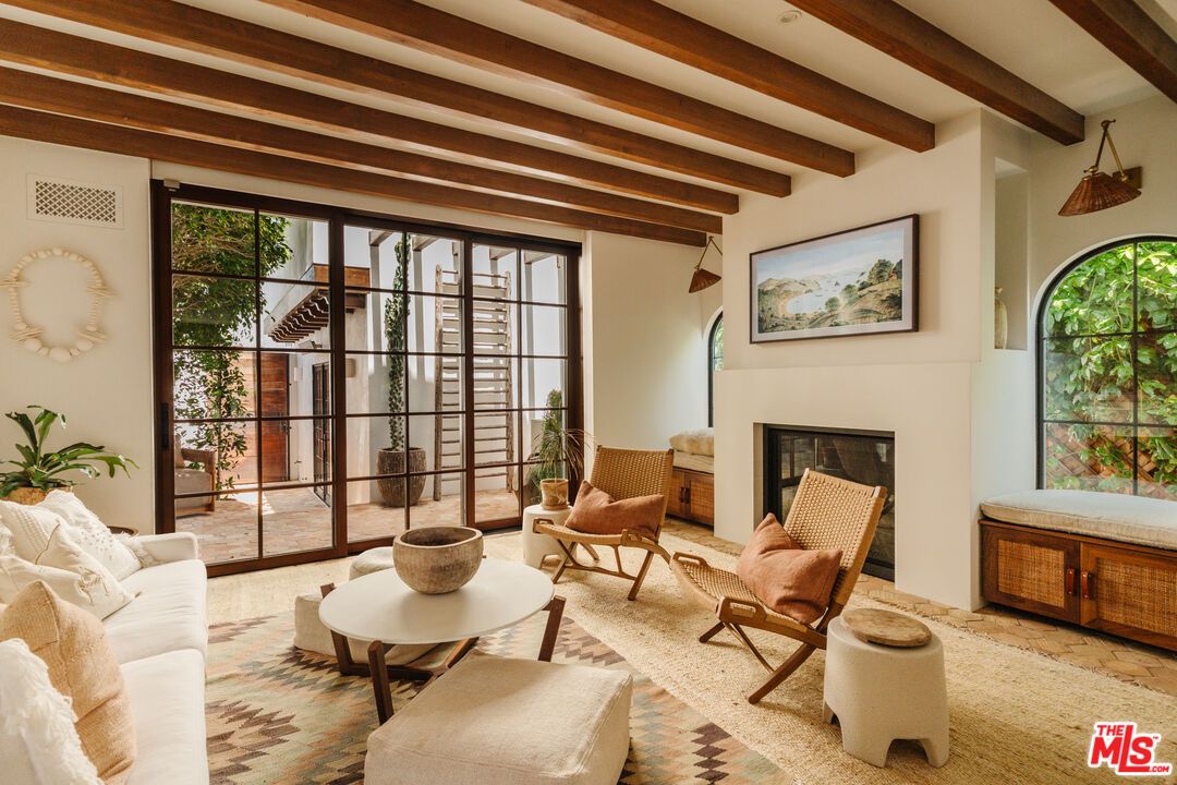 Fireplace, Interior, Living room, Pendant Lights, Wooden Beams