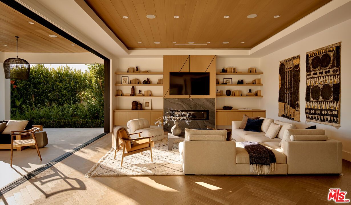 Fireplace, Interior, Living room, Recessed Lighting, Wooden Ceilings, Wood Texture Flooring