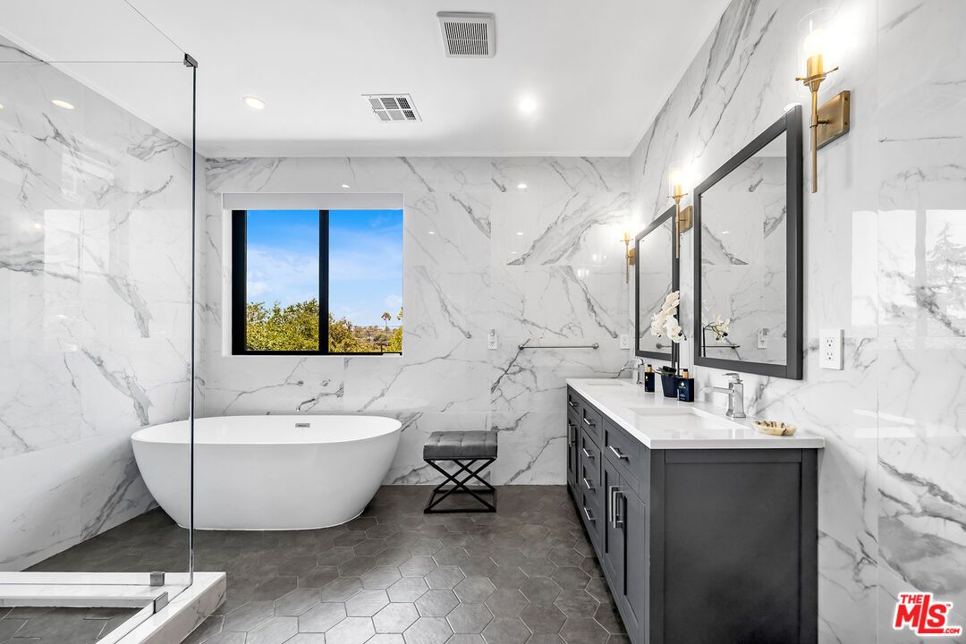 Bathroom, Dual Sink Vanities, Free Standing Baths, Interior, Marble Walls, Recessed Lighting