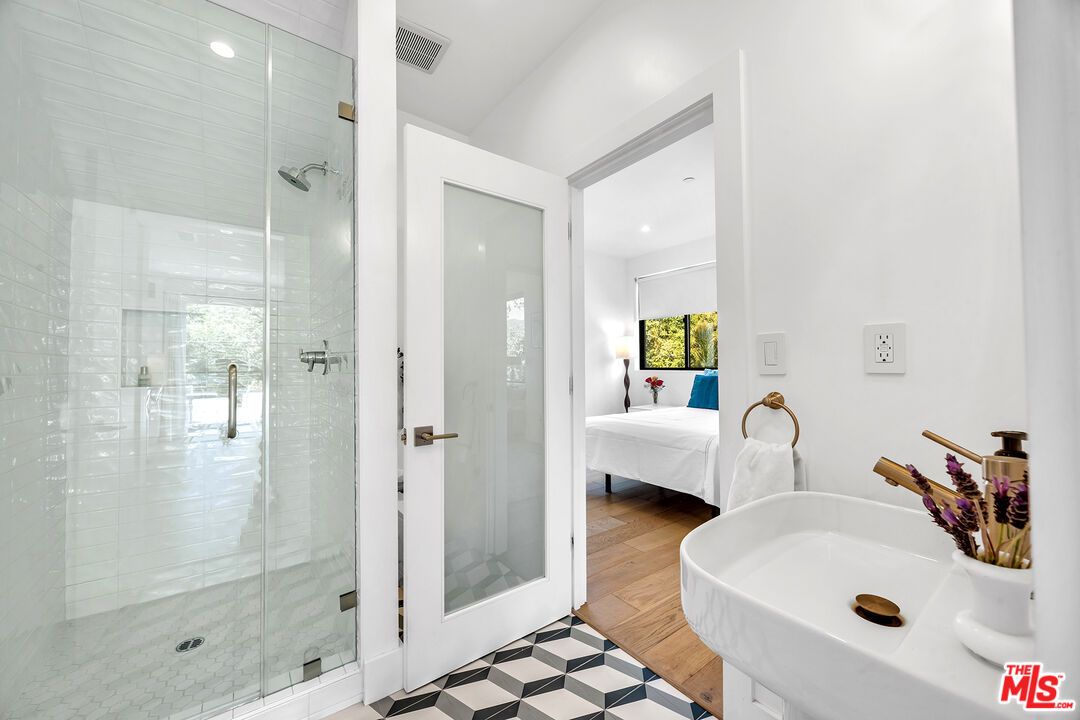 Bathroom, Glass Shower, Interior, Recessed Lighting, Wood Texture Flooring