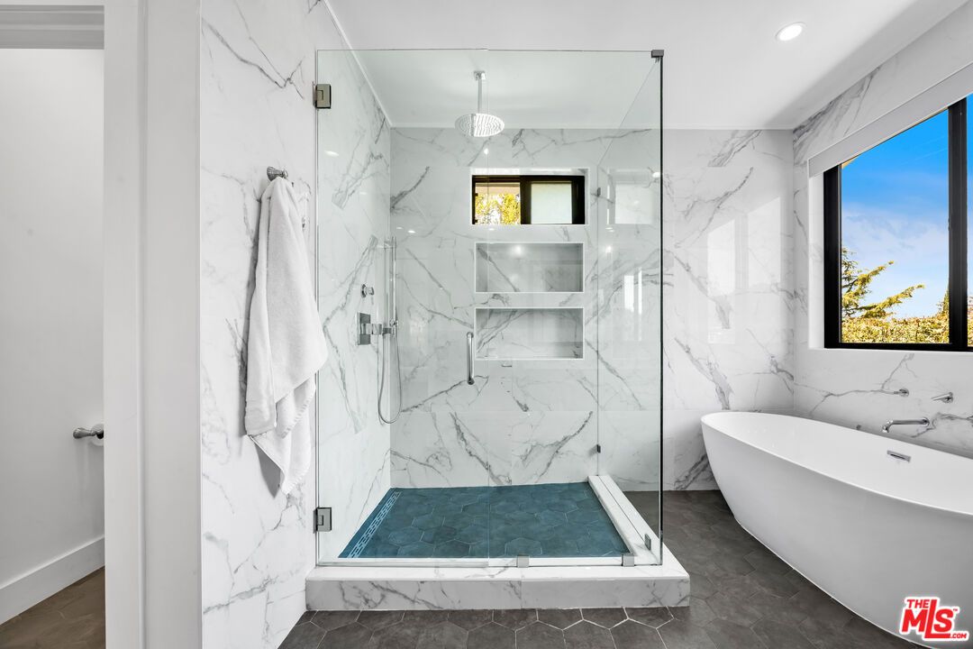 Bathroom, Free Standing Baths, Glass Shower, Interior, Marble Walls, Recessed Lighting