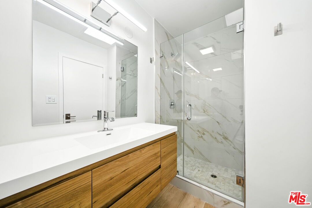 Bathroom, Glass Shower, Interior, Marble Walls, Wood Texture Flooring
