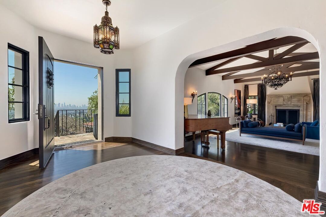 Chandelier, Fireplace, Interior, Piano, Wooden Beams, Wood Texture Flooring