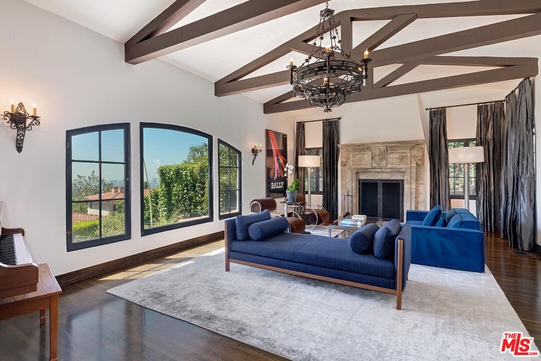 Chandelier, Fireplace, Interior, Living room, Wooden Beams, Wood Texture Flooring
