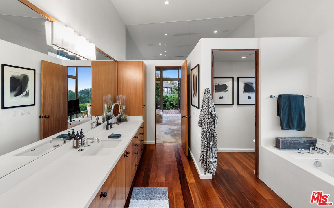Bathroom, Dual Sink Vanities, Interior, Recessed Lighting, Wood Texture Flooring