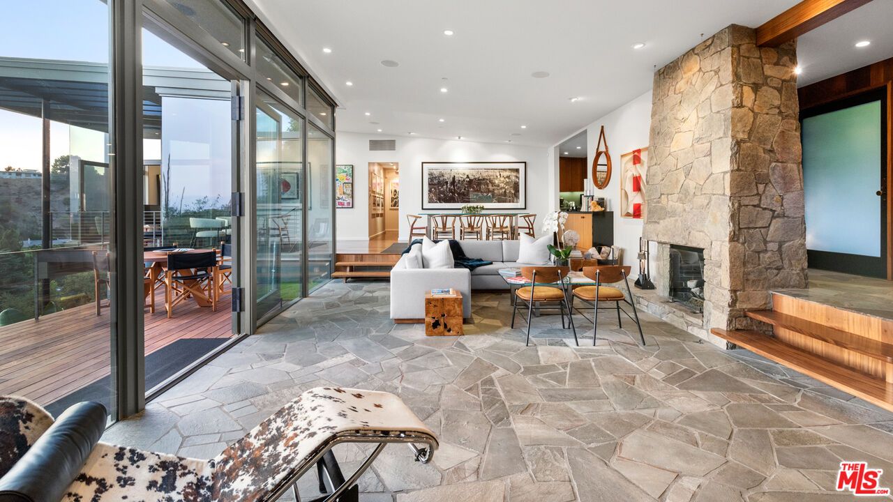 Fireplace, Interior, Living room, Recessed Lighting, Stone Walls