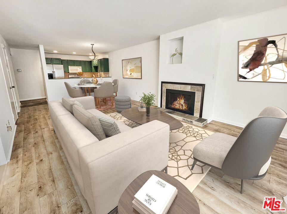 Chandelier, Dining room, Fireplace, Interior, Kitchen, Living room, Pendant Lights, Recessed Lighting, Wood Texture Flooring