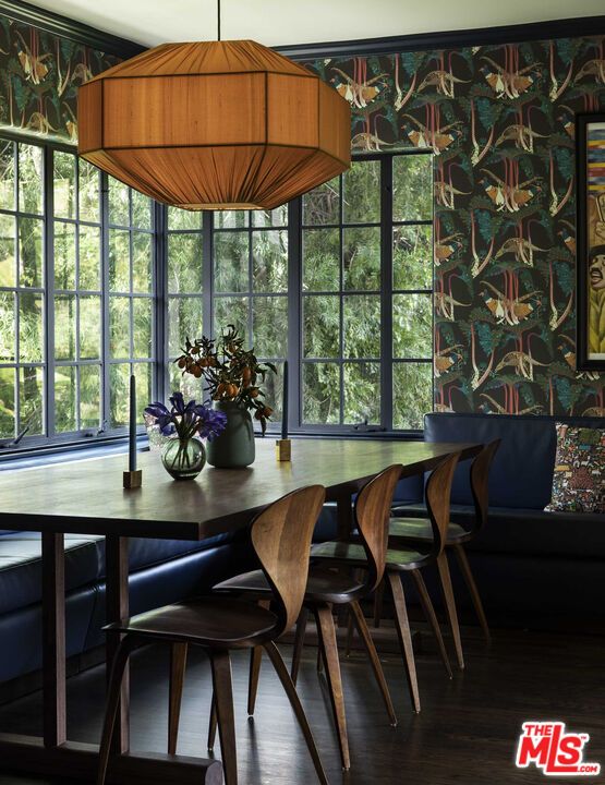 Dining room, Interior, Pendant Lights, Wood Texture Flooring