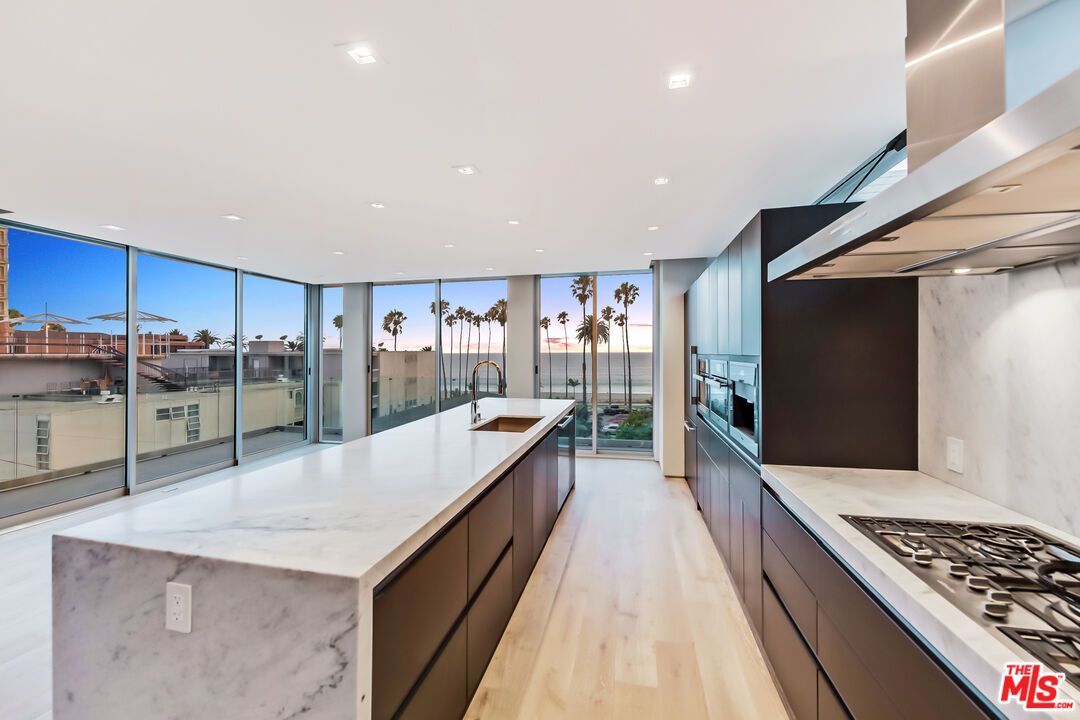 Interior, Kitchen, Recessed Lighting, Stainless Steel Appliances, Water, Wood Texture Flooring