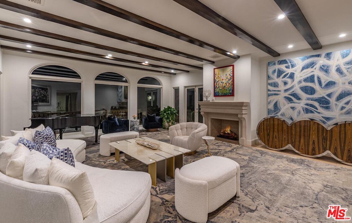 Fireplace, Interior, Living room, Piano, Recessed Lighting, Wooden Beams