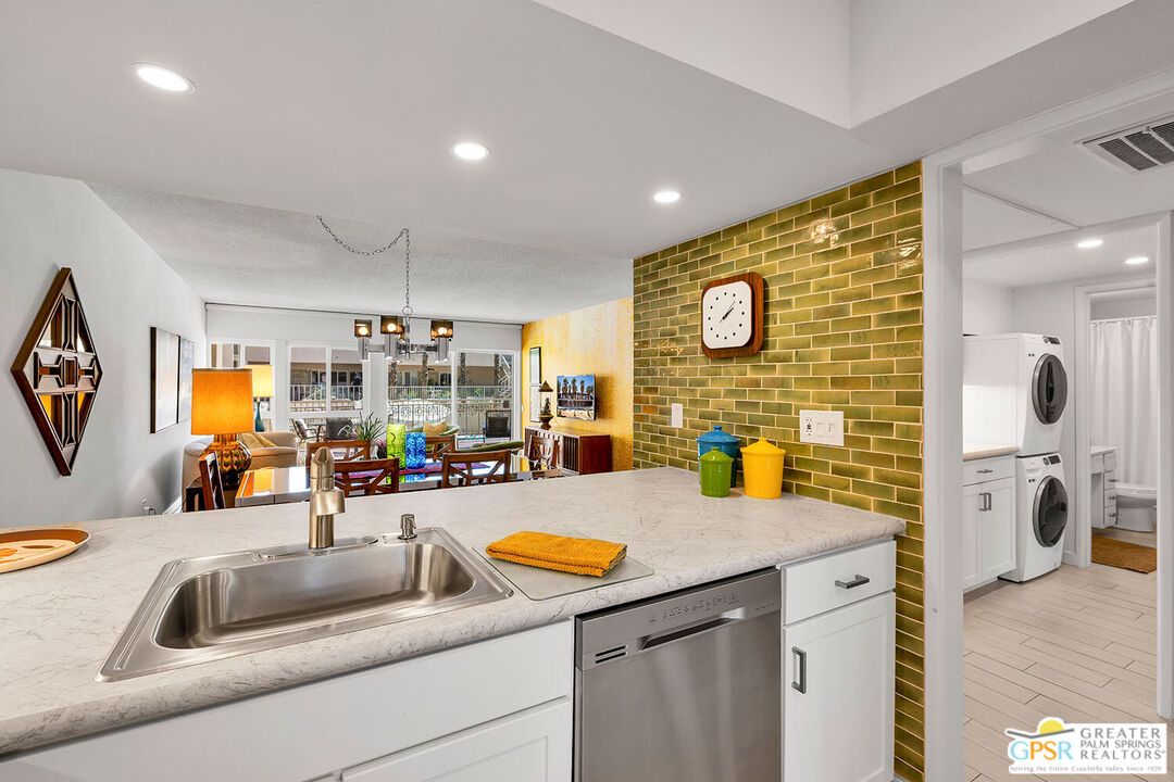 Interior, Kitchen, Pendant Lights, Recessed Lighting, Stone Walls, Washer, Wood Texture Flooring