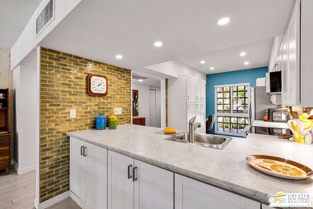 Interior, Kitchen, Recessed Lighting, Stone Walls, Wood Texture Flooring