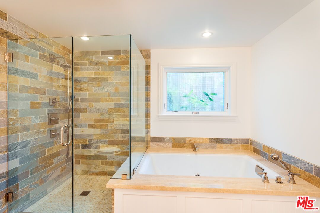 Bathroom, Glass Shower, Interior, Recessed Lighting, Stone Walls