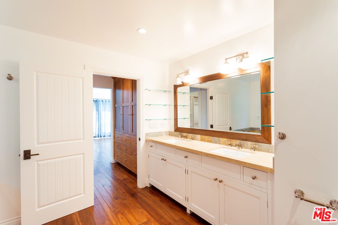 Bathroom, Dual Sink Vanities, Interior, Recessed Lighting, Tile Countertops, Wood Texture Flooring