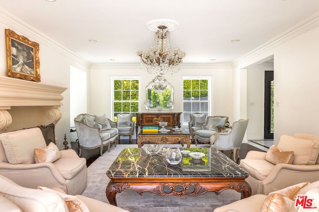 Chandelier, Fireplace, Interior, Living room, Recessed Lighting, Wood Texture Flooring