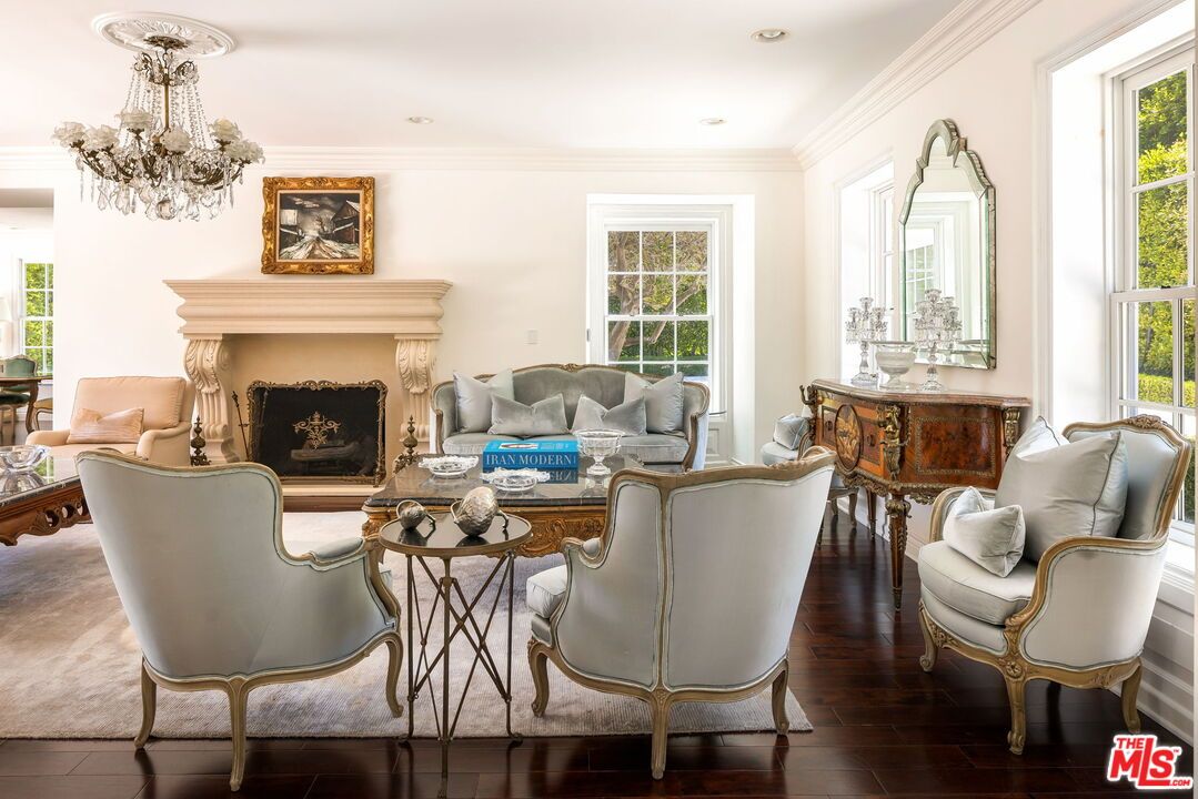 Chandelier, Fireplace, Interior, Living room, Recessed Lighting, Wood Texture Flooring