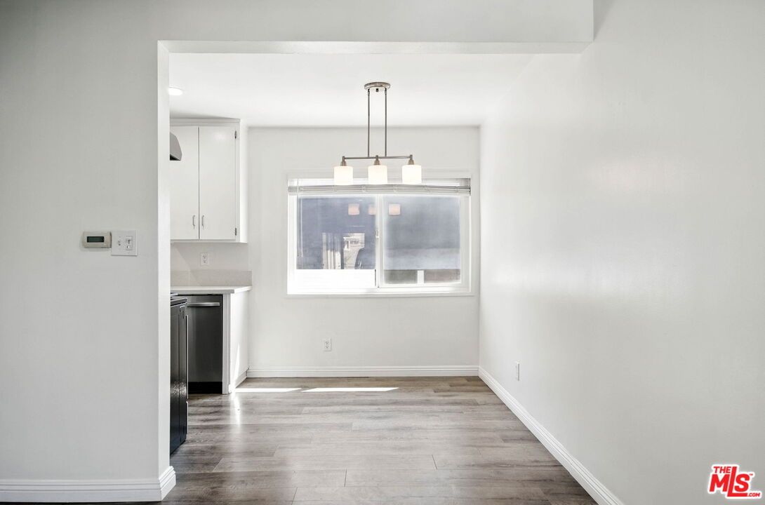 Empty room, Interior, Kitchen, Pendant Lights, Recessed Lighting, Wood Texture Flooring