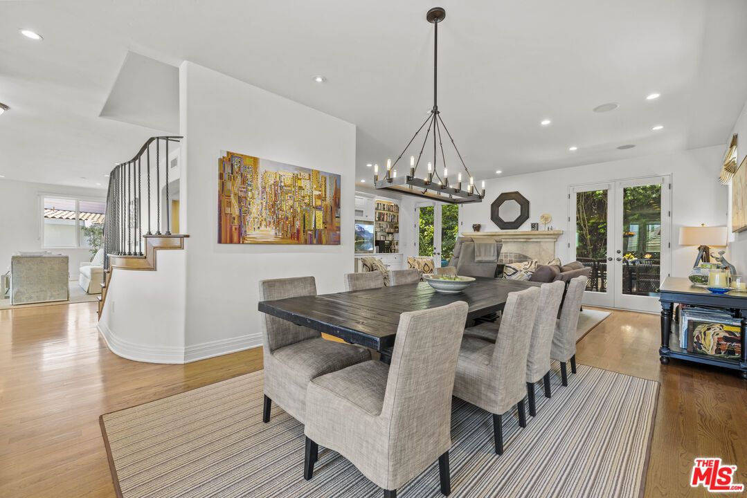 Dining room, Fireplace, Interior, Pendant Lights, Recessed Lighting, Wood Texture Flooring