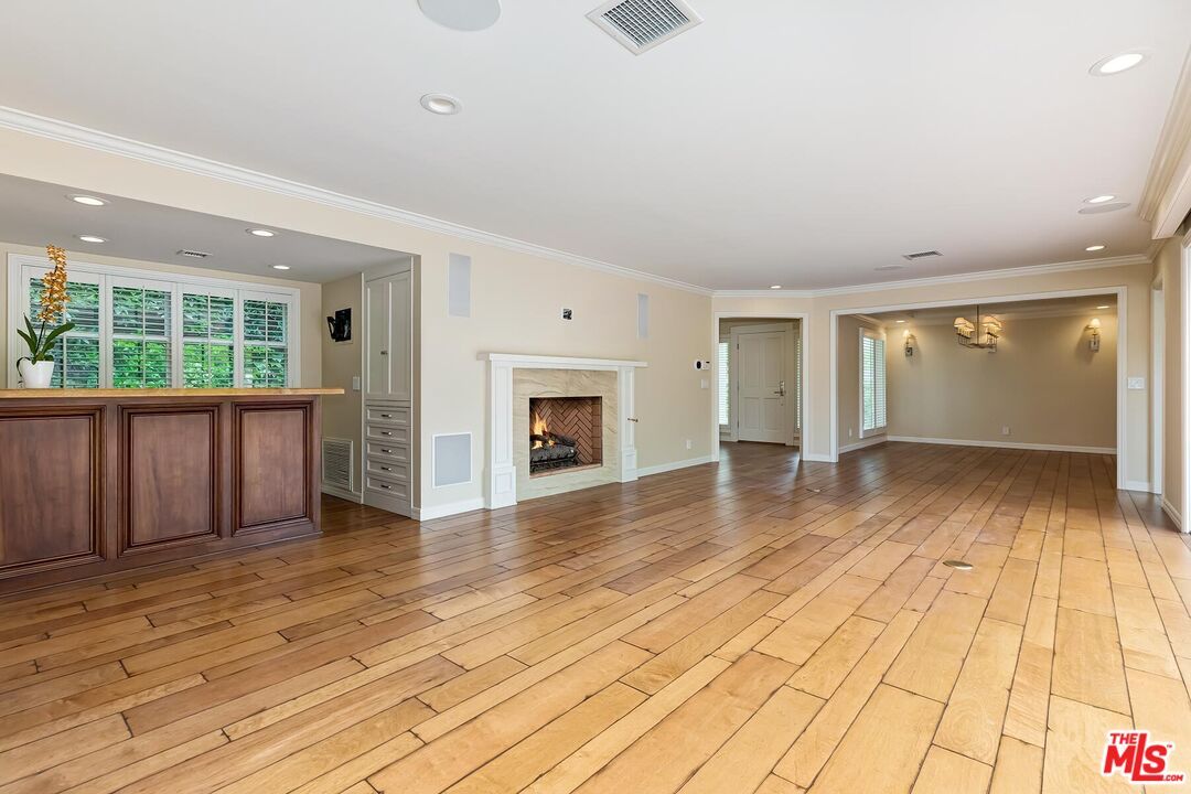 Empty room, Fireplace, Interior, Recessed Lighting, Wood Texture Flooring