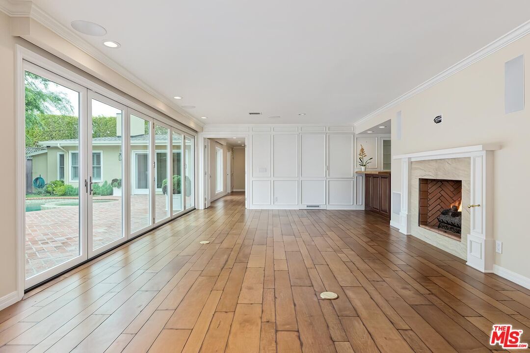 Empty room, Fireplace, Interior, Recessed Lighting, Wood Texture Flooring
