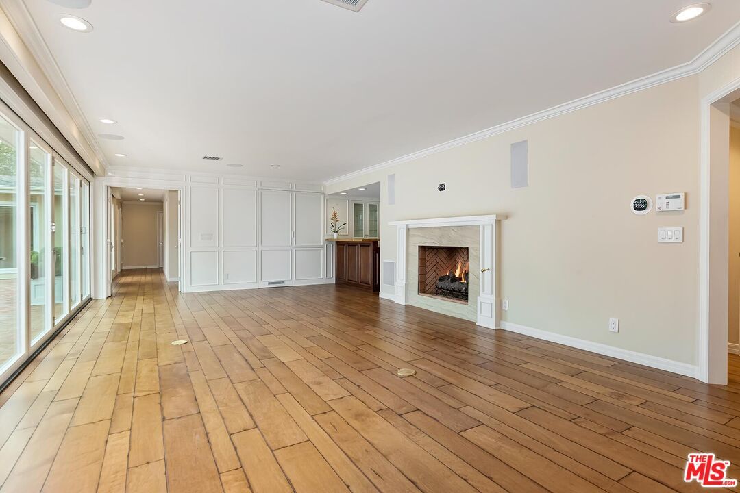 Empty room, Fireplace, Interior, Recessed Lighting, Wood Texture Flooring