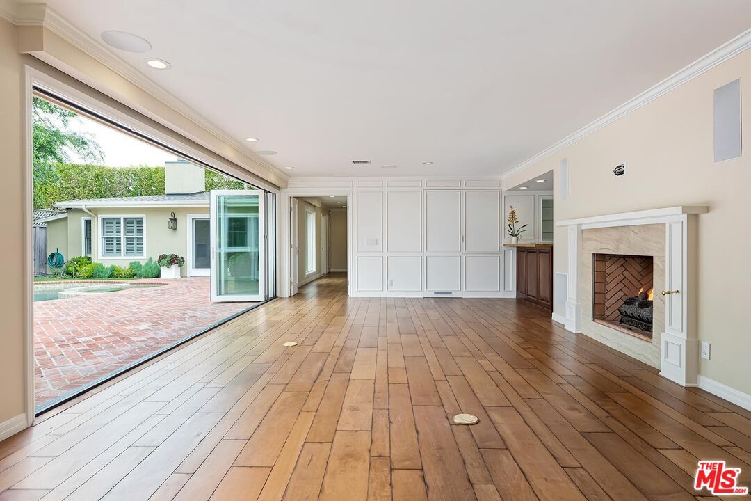 Empty room, Fireplace, Interior, Recessed Lighting, Wood Texture Flooring
