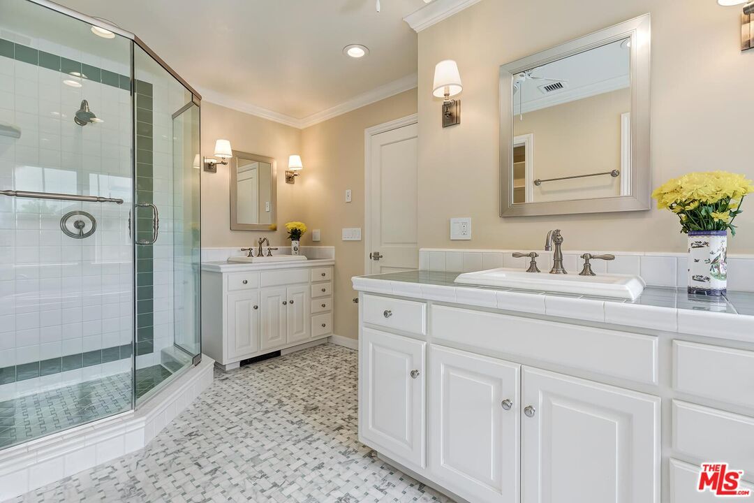 Bathroom, Dual Sink Vanities, Glass Shower, Interior, Recessed Lighting, Tile Countertops