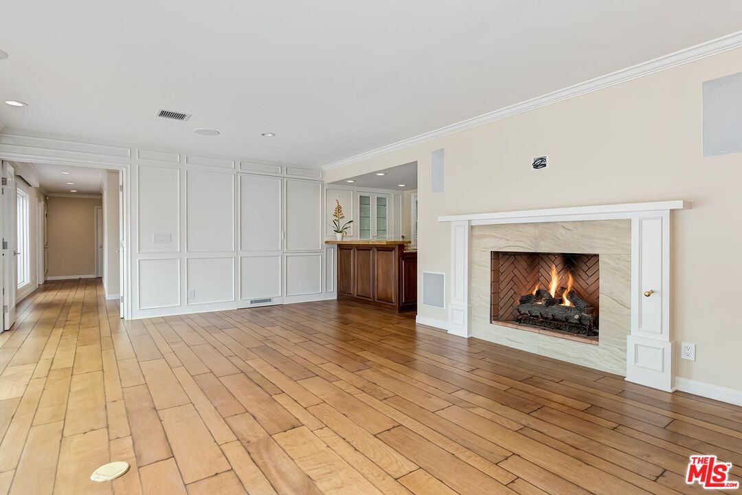 Empty room, Fireplace, Interior, Recessed Lighting, Wood Texture Flooring