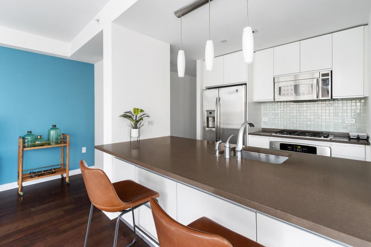 Interior, Kitchen, Pendant Lights, Stainless Steel Appliances, Wood Texture Flooring