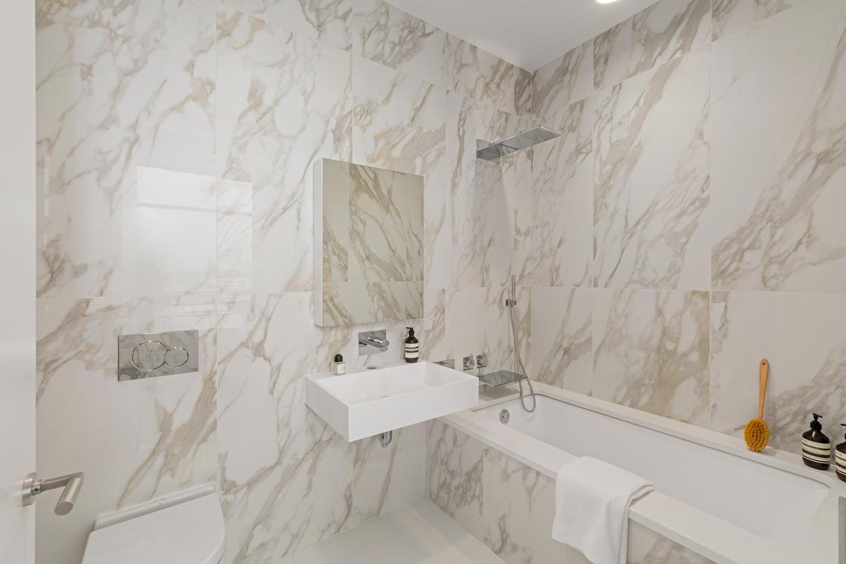 Bathroom, Interior, Marble Walls, Recessed Lighting