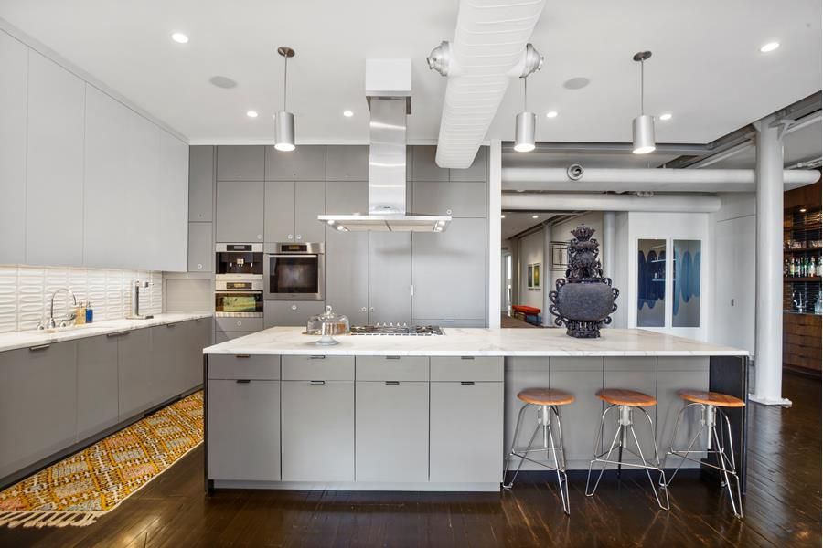 Interior, Kitchen, Pendant Lights, Recessed Lighting, Stainless Steel Appliances, Wood Texture Flooring