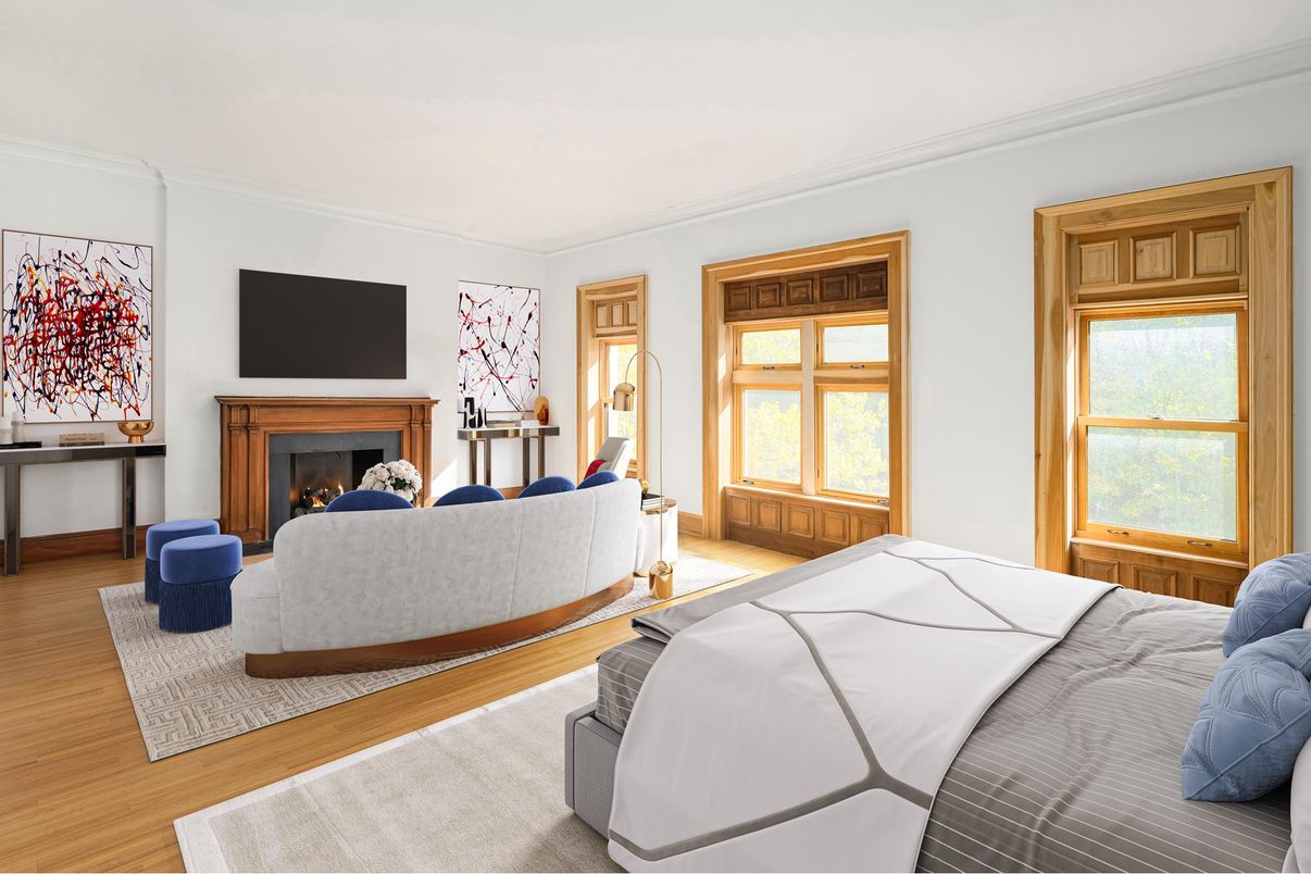 Bedroom, Fireplace, Interior, Wood Texture Flooring