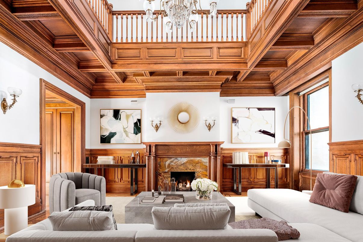 Chandelier, Fireplace, Interior, Living room, Wooden Beams, Wooden Ceilings, Wooden Walls