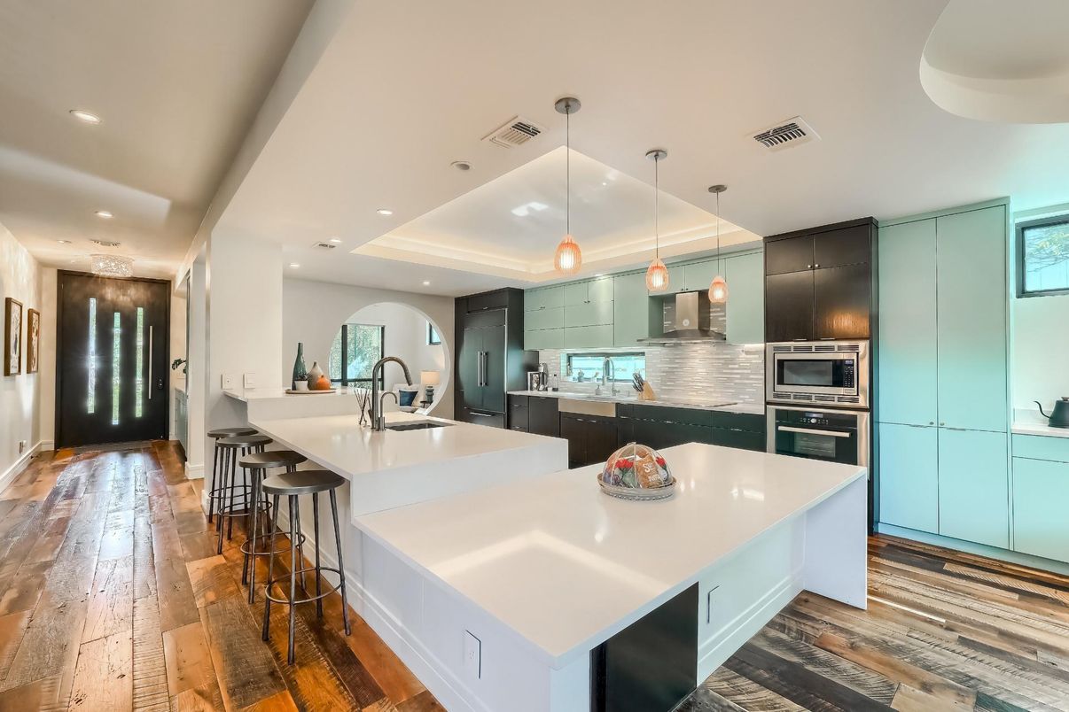 Interior, Kitchen, Pendant Lights, Recessed Lighting, Stainless Steel Appliances, Wood Texture Flooring
