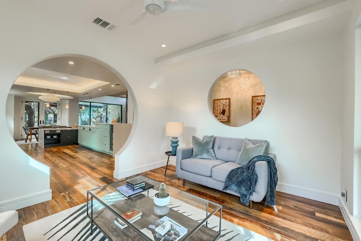 Dining room, Interior, Living room, Recessed Lighting, Wood Texture Flooring