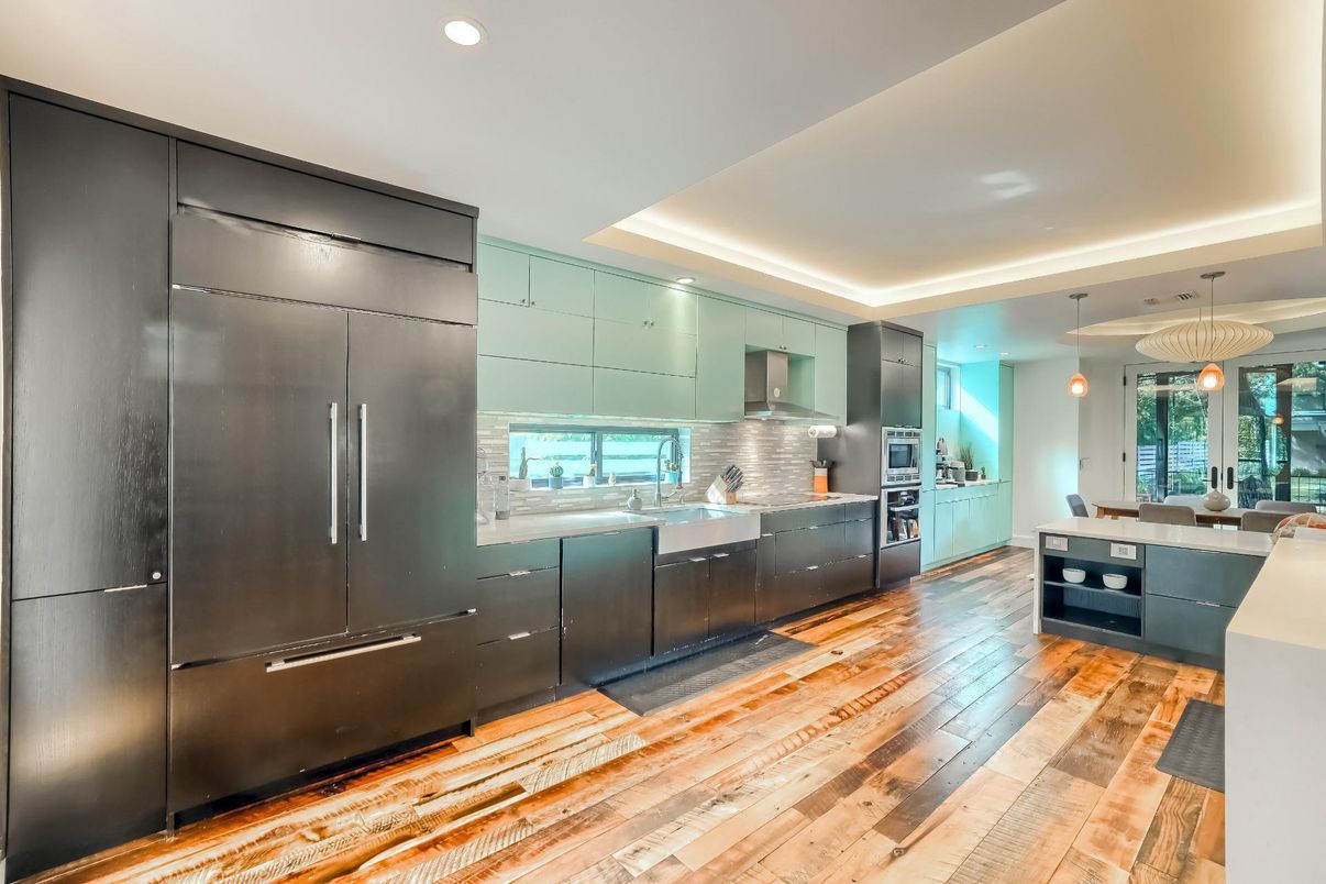 Interior, Kitchen, Pendant Lights, Recessed Lighting, Stainless Steel Appliances, Wood Texture Flooring