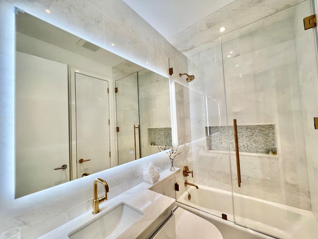 Bathroom, Glass Shower, Interior, Marble Walls, Recessed Lighting
