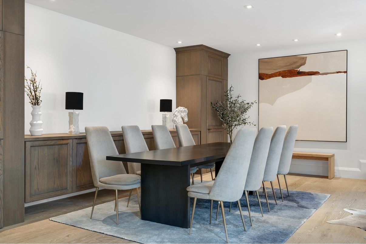 Dining room, Interior, Recessed Lighting, Wood Texture Flooring