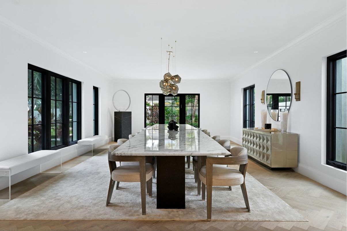 Dining room, Interior, Pendant Lights, Wood Texture Flooring