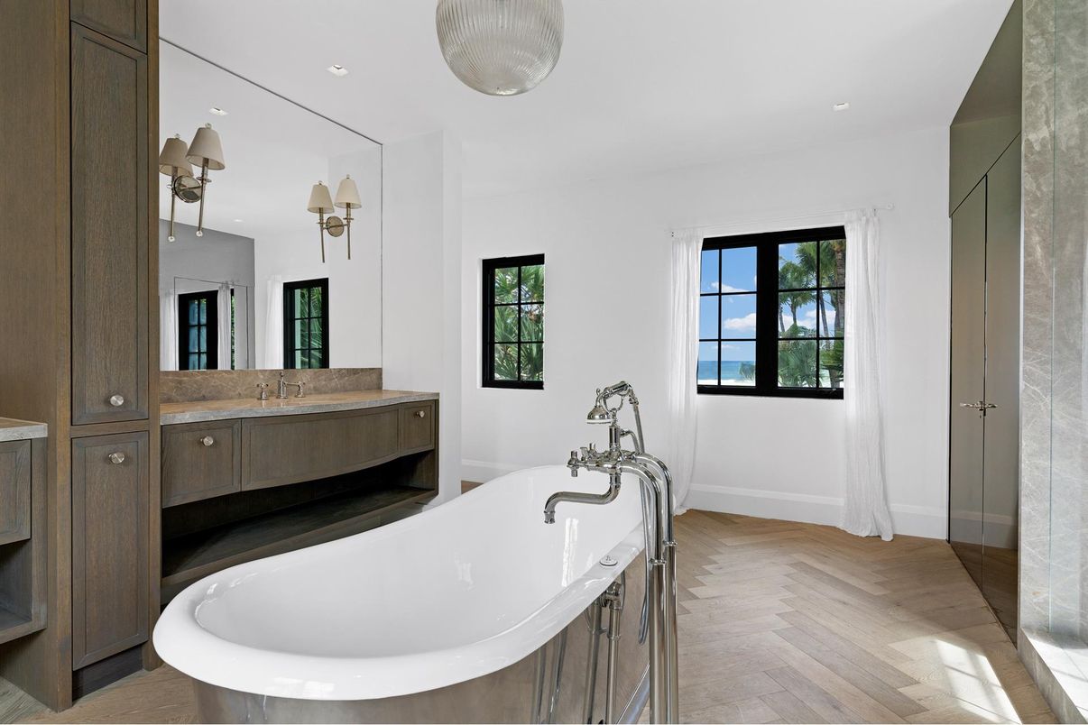 Bathroom, Dual Sink Vanities, Free Standing Baths, Interior, Recessed Lighting, Wood Texture Flooring