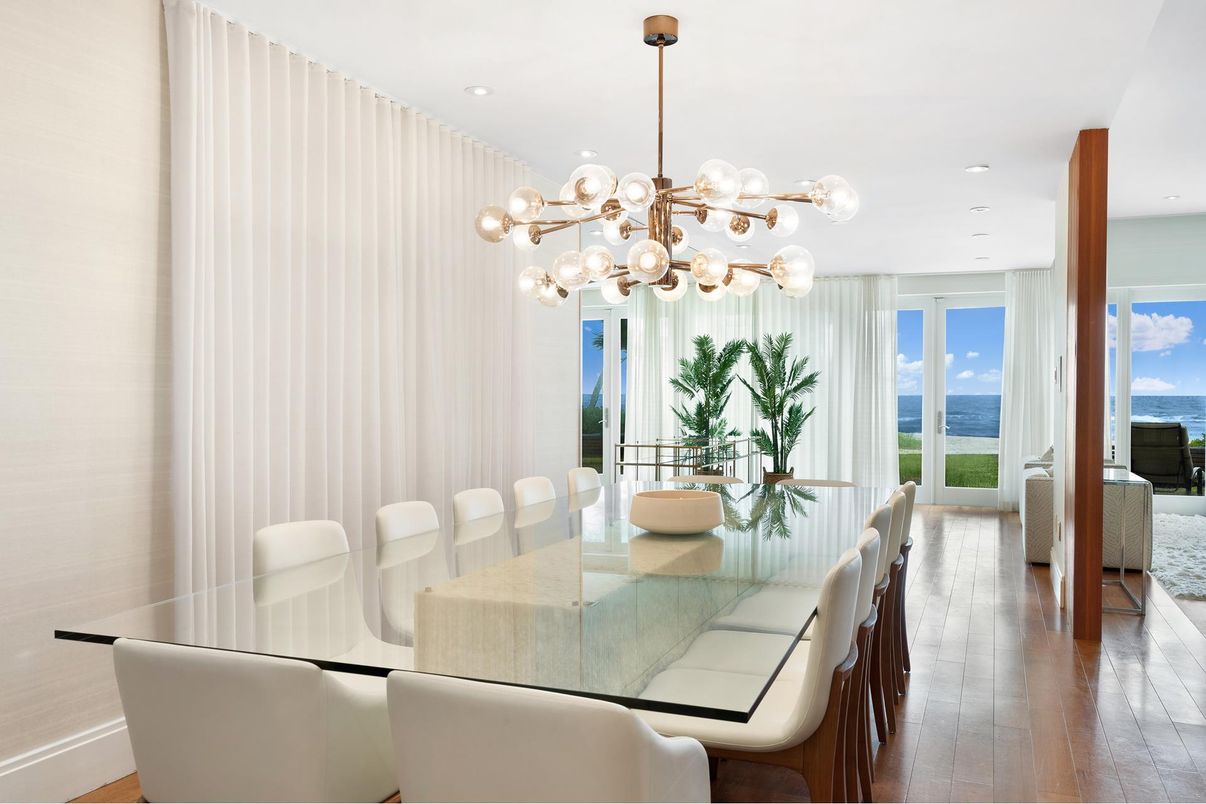 Dining room, Interior, Pendant Lights, Recessed Lighting, Water, Wood Texture Flooring