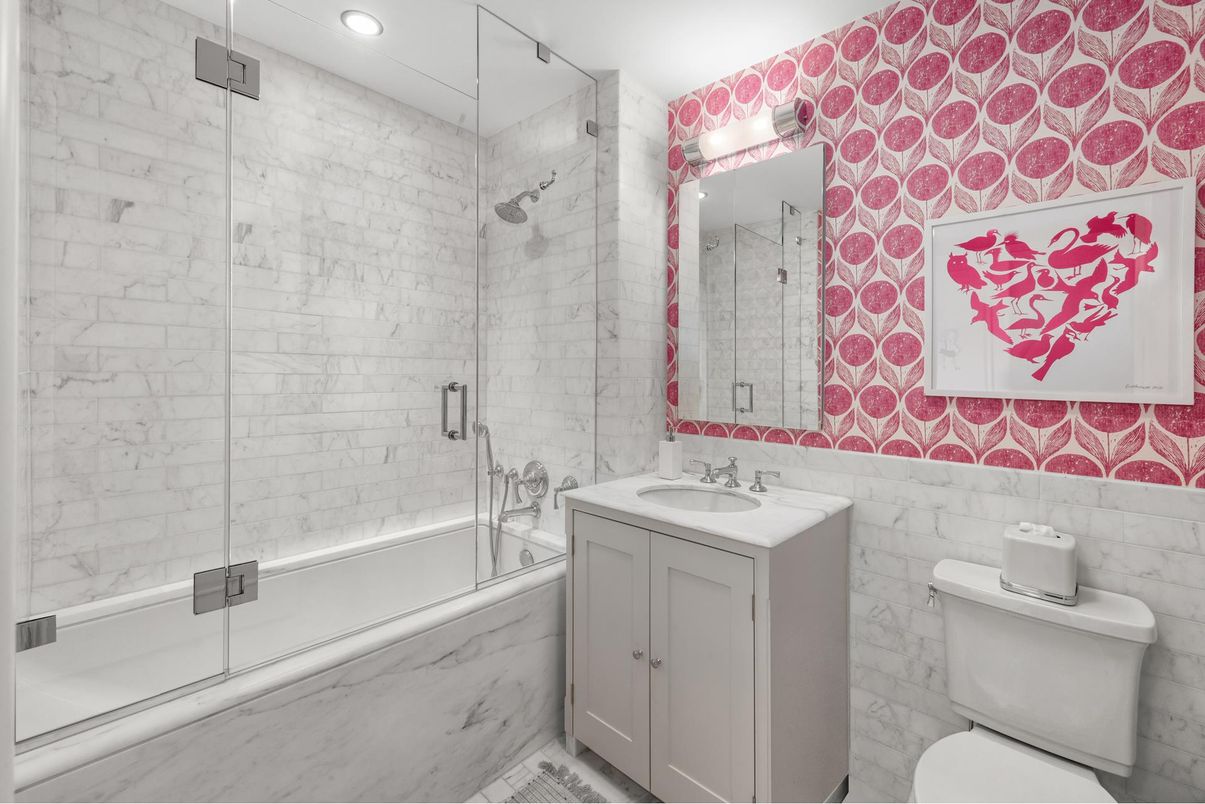 Bathroom, Glass Shower, Interior, Marble Walls, Recessed Lighting