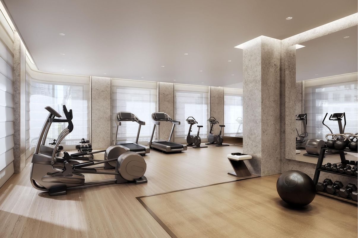 Fitness Equipment, Gym, Interior, Recessed Lighting, Wood Texture Flooring