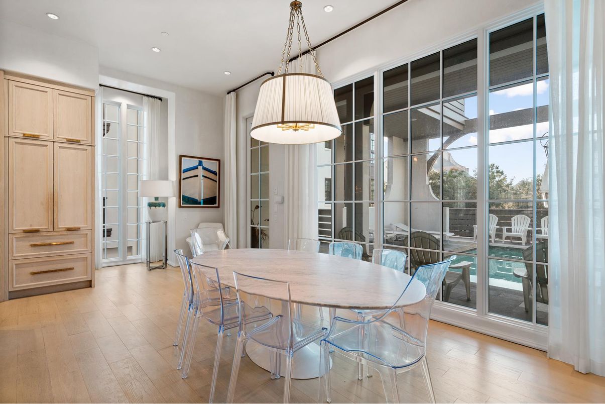 Dining room, Interior, Pendant Lights, Recessed Lighting, Wood Texture Flooring