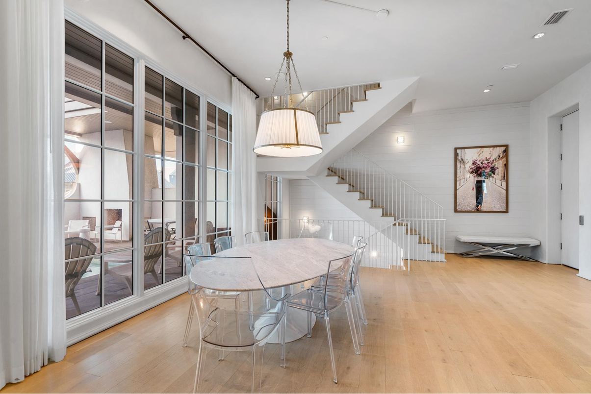 Dining room, Interior, Pendant Lights, Recessed Lighting, Wood Texture Flooring