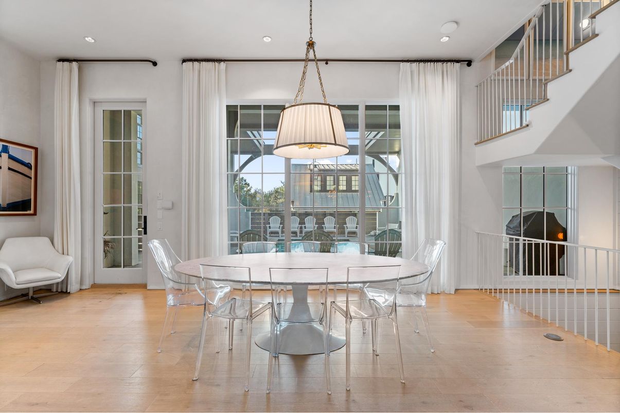Dining room, Interior, Pendant Lights, Recessed Lighting, Wood Texture Flooring