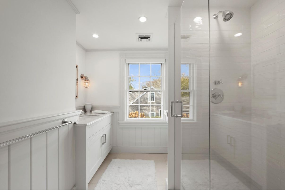 Bathroom, Glass Shower, Interior, Marble, Recessed Lighting