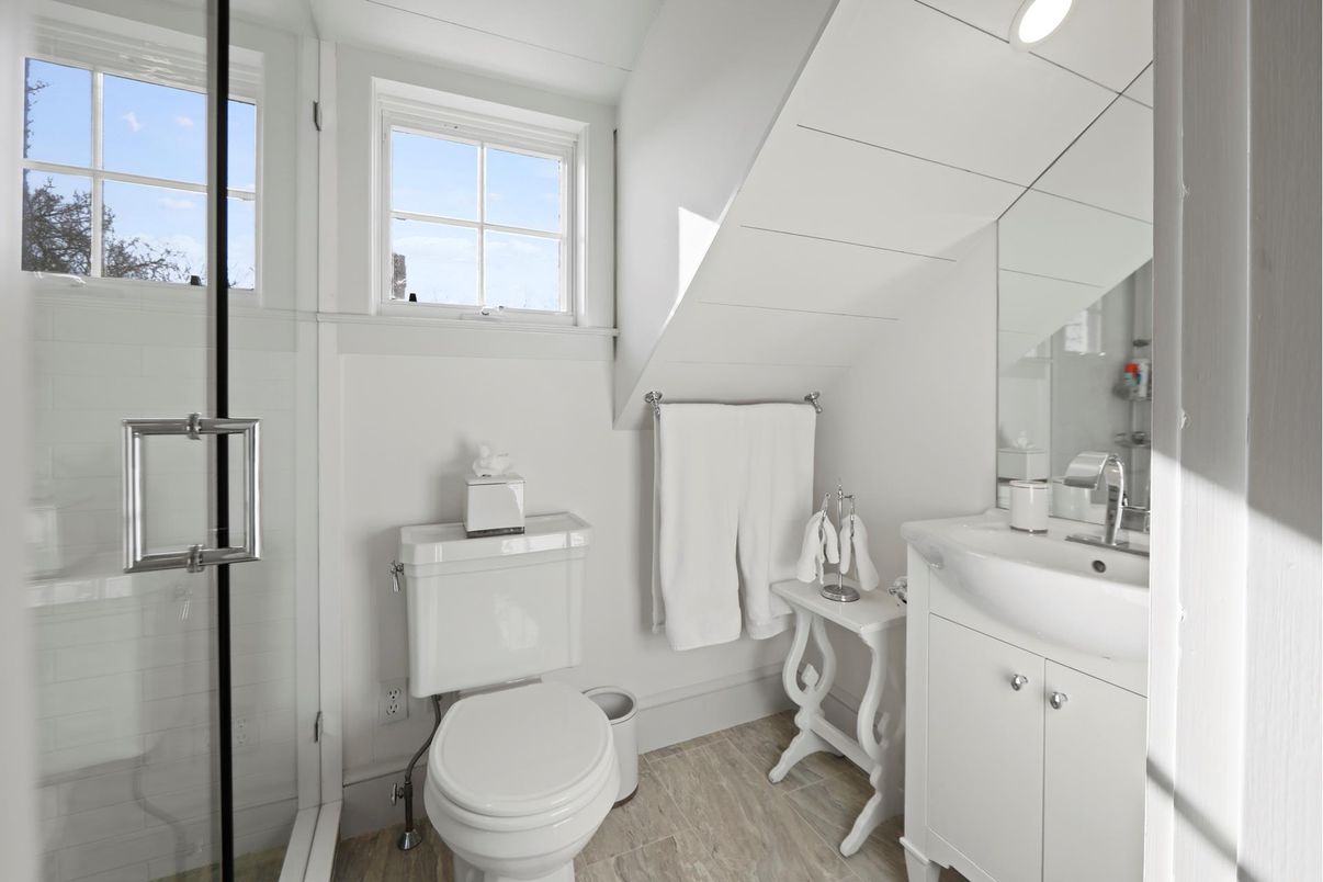 Bathroom, Glass Shower, Interior, Wood Texture Flooring